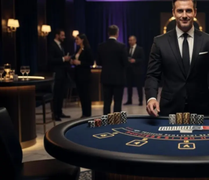 Ciemne, filmowe stanowisko blackjacka z kartami i żetonami w eleganckiej oprawie.