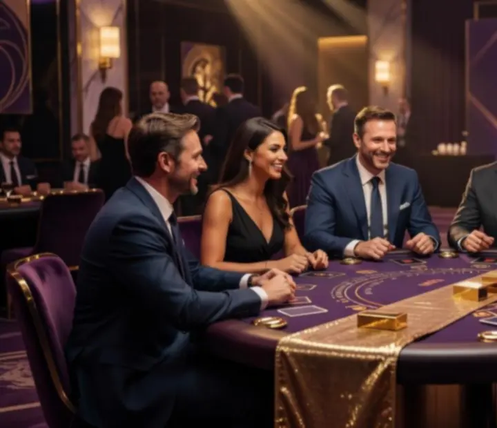 Goście przy stole blackjacka w luksusowej, ciemnej atmosferze z fioletowo-złotym oświetleniem.