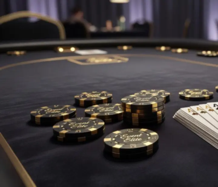 Luksusowy stół pokerowy z eleganckimi żetonami i kartami