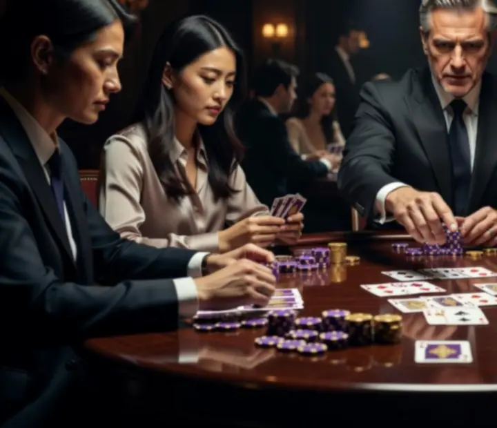 Goście grający przy profesjonalnym stole pokerowym na evencie w ciemnej, eleganckiej scenerii