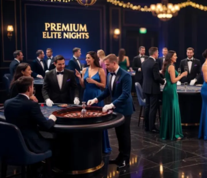Goście bawiący się przy stołach casino podczas tematycznego wieczoru